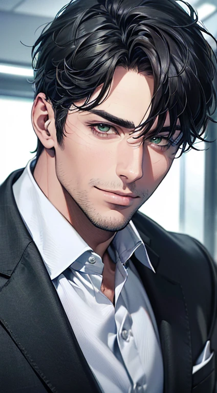 (best quality,4k,8k,highres,masterpiece:1.2),ultra-detailed,(realistic,photorealistic,photo-realistic:1.37),1 man,3,mature man,very handsome,without expression,smile,short grey black hair,green eyes,penetrating gaze,perfect face without errors,imposing posture,businessman,office background,cinematic lighting,hdr image