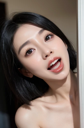 Seoul, 1982, A young korean beautiful girl, 22-year-old, sexy girl, strikingly beautiful, black hair, big breasts, delicate facial features, porcelain skin, red lips, expressive eyes, ((awe and joy expression)), miss korea, (((girl all nude))), (golden tiara, earrings), ((hairstyle of the 1980s)),(pin up style), There was a lot of hair on her pussy, girl squatting on the floor, open legs in an M shape, from below, (((open mouth and tongue out))), (((cum streaked on girl's face))), in the shabby and dark men's toilet, (((semen in my face))), focus on face, (((holding an eggplant and putting in crotch))),
