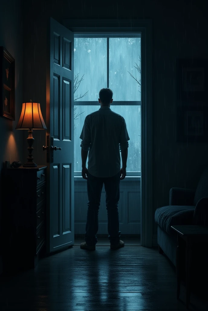 Generate a scene in a dark room with chiaroscuro lighting. A man stands ...