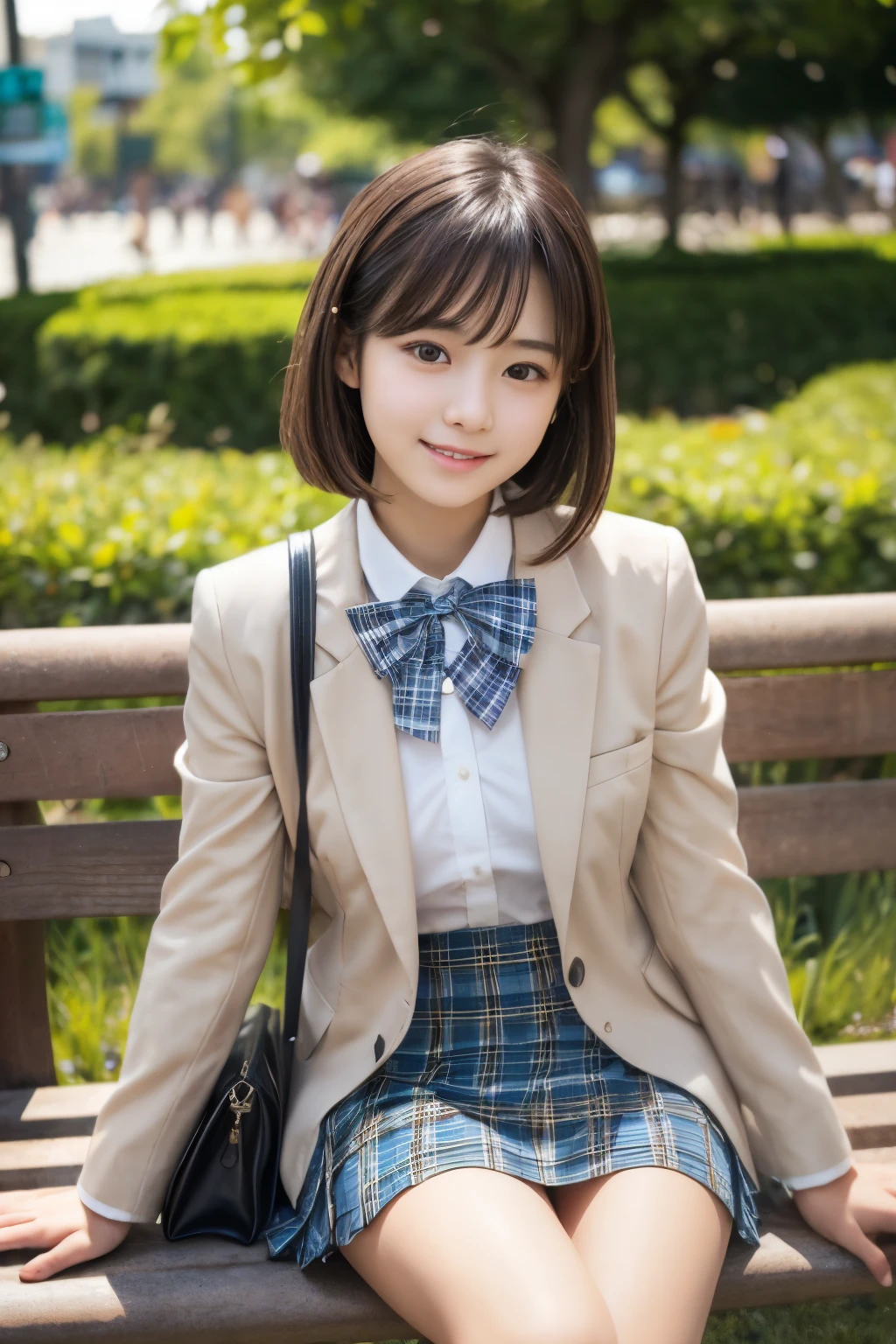 (masterpiece,top-quality、超A high resolution)、A Japanese Lady, Very beautiful 15 year old girl、Ubu no Girl、(Perfect limbs、perfect anatomia)、with round face、kawaii、High School School Uniform、blazers、plaid skirts、Pure white、Beautiful skin、Bob Hair、short-hair、Shiny hair and moist eyebrows、Attend school、morning、