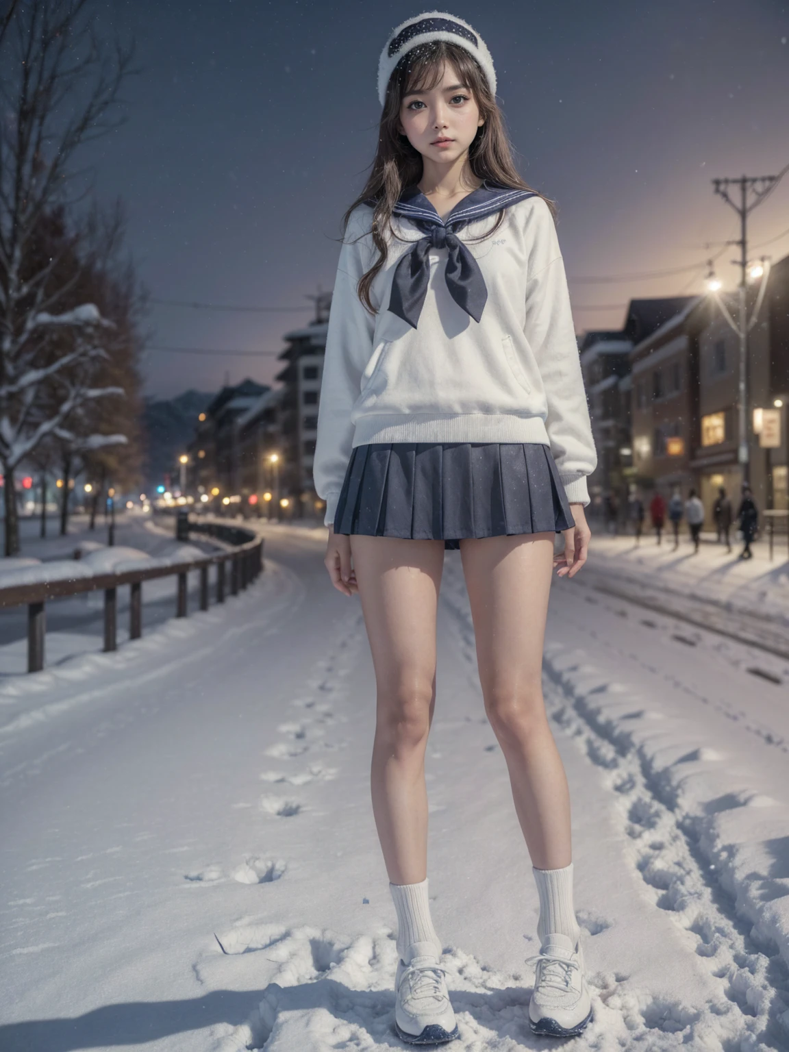 (in 8K、RAW Photos、top-quality、​masterpiece:1.2), (realisitic、Photorealsitic:1.37), ultra-detailliert, high resolution, (1girl in:1.3), a closeup, Raw feet,  japanese, (beautiful legs:1.3), (slender girl:1.3), a beauty girl, a cute girl, (Thin legs:1.3), (a sailor suit:1.3) , (high-school girl:1.3), JK, Ultra mini skirt, pleated skirt, Short socks, Tri-fold socks, white sock, Full body, (standing:1.2), winter, (city street background:1.2), (tanned_skin:1.3), (dark_skin:1.3), (roafer shoes:1.3), winter, snow,  light color hair, (snow falling : 1.3)