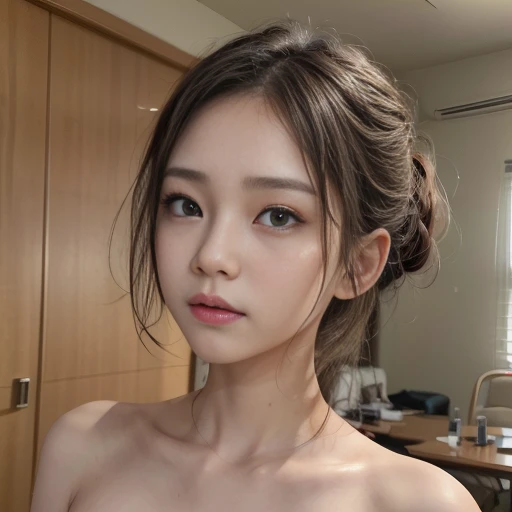 25 years Old woman, Naked, beauty face, thin, Updo hair style, medium breast