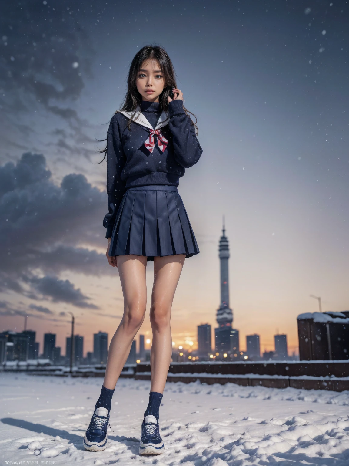 (in 8K、RAW Photos、top-quality、​masterpiece:1.2), (realisitic、Photorealsitic:1.37), ultra-detailliert, high resolution, (1girl in:1.3), a closeup, Raw feet,  japanese, (beautiful legs:1.3), (slender girl:1.3), a beauty girl, a cute girl, (Thin legs:1.3), (a sailor suit:1.3) , (high-school girl:1.3), JK, Ultra mini skirt, pleated skirt, Short socks, Tri-fold socks, white sock, Full body, (standing:1.2), winter, (city street background:1.2), (tanned_skin:1.3), (dark_skin:1.3), (roafer shoes:1.3), winter, snow,  light color hair, (snow falling : 1.3), (navy skirt:1.3)