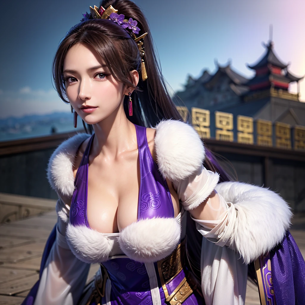 Close-up of a woman in armor and purple cloak, One person,Cute Ponytail,Large breasts and cleavage,Highly detailed face and skin texture,Looking into the camera,Perfect beauty: 1.4, fine grain,double eyelid, Whitening skin,Highest quality,Ultra-high resolution,Simple Background,, Chinese Warrior