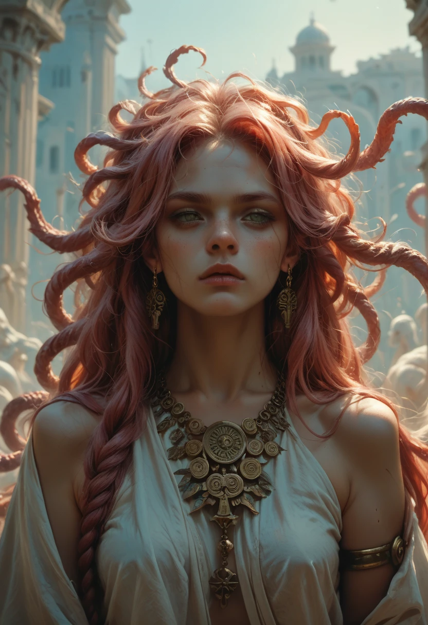 Artwork of medusa, greek mythical creature, hair are snacks