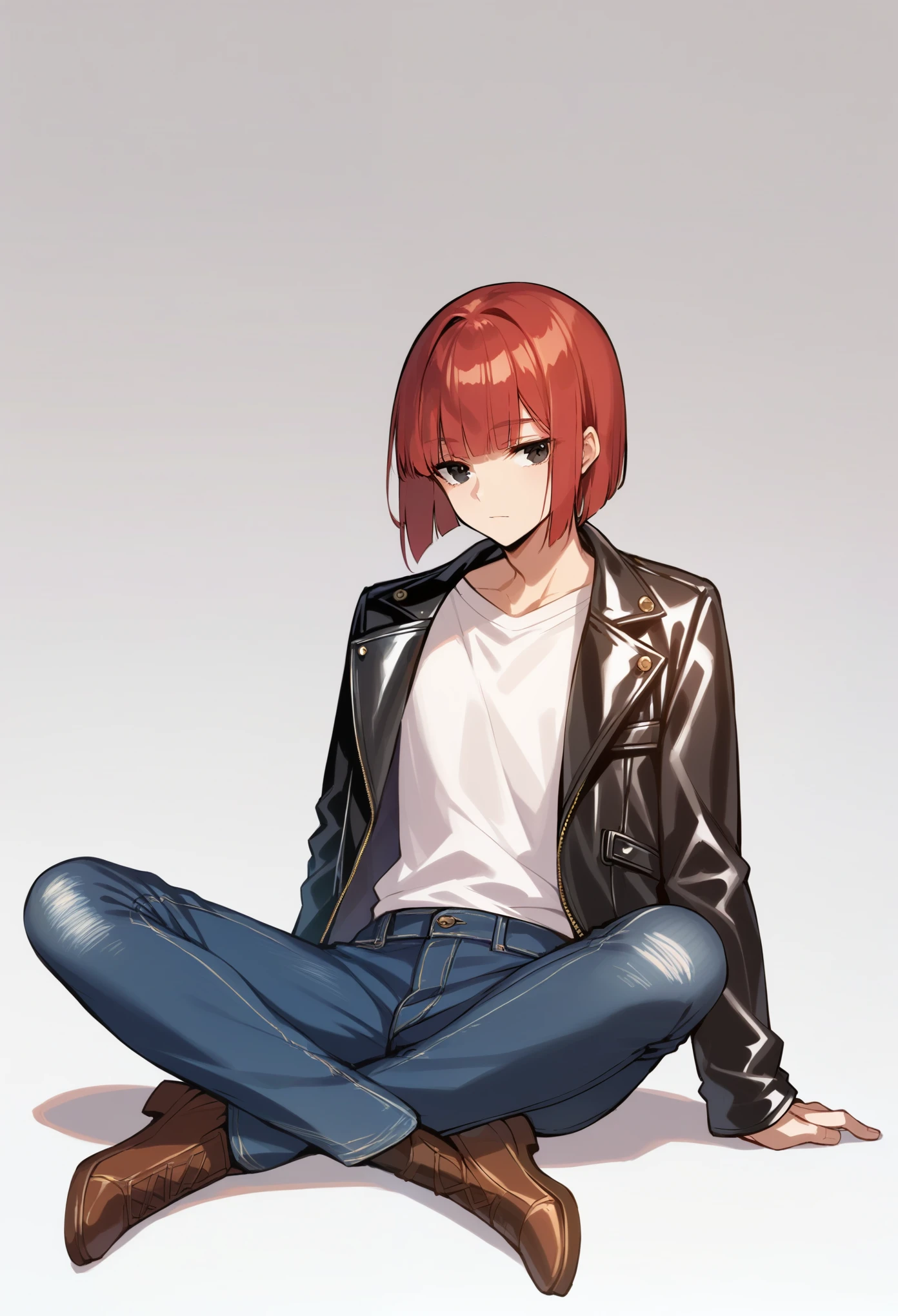 score_9, score_8_up, score_7_up, masterpiece, ultra-detailed, pretty eyes, 1man, solo, sitting, red hair, Medium hair, hime cut, half closed eyes, Black Eyes, Black leather jacket, Inner T shirt, White t shirt, jeans, open legs, sitting, White background, Simple background, full body