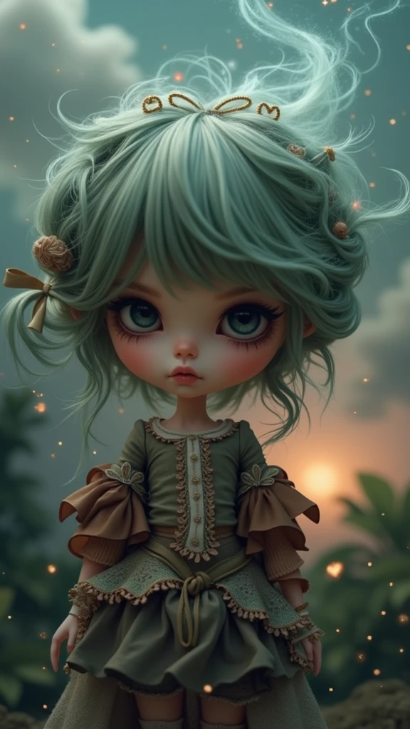a cute little baby with black skin and long straight white hair and reddish eyes with white with golden design