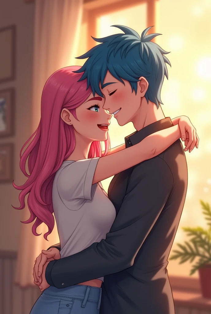 Make me a picture: school anime art style, A man with red hair, red eyes and black clothes, smiling with a woman with long blue hair and purple tips, blue colored eyes, and white clothes.