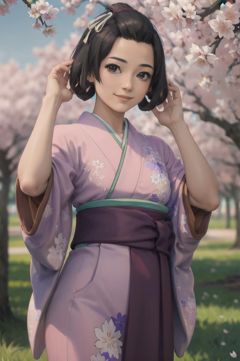 (masterpiece, best quality:1.2), cowboy shot, solo, 1girl, susato mikotoba, smile, hand in own hair, floral print, japanese clothes, pink kimono, cherry blossom trees
