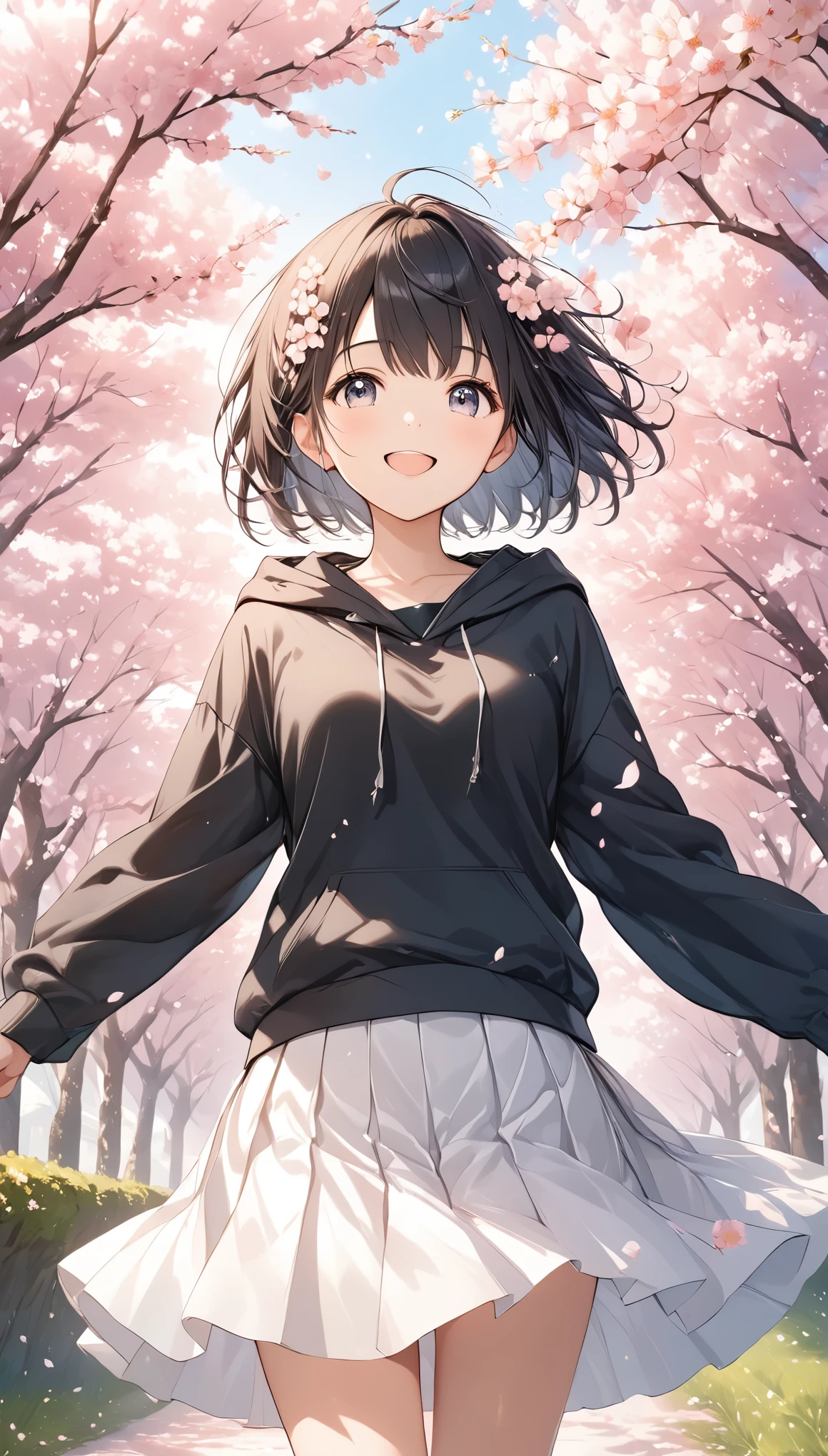 ((Anime)), ((Astonishingly Absurd)), (Masterpiece: 1.2), Ultra High Resolution, Attention to Detail, High Quality, High Resolution, Top Quality, 4k, 8K, Short Hair, Black Hair, Black Hoodie, White Skirt, Cherry Blossoms in Full Bloom, Row of Cherry Blossom Trees, ((Outstretched Arms)), Looking Up and Smiling, Cute, The Wind Blows and the Cherry Blossom Petals Dance, Beautiful Work, Colors that Feel Fleeting and Sad