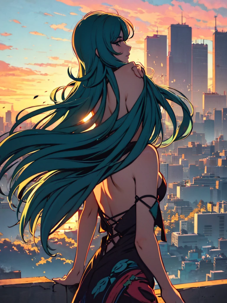 a rear view illustration of a woman (facing the view), long hair , dynamic hair, top of a skyscraper, skyline, sunset, scenic, dynamic artwork, illustration , silhouette art