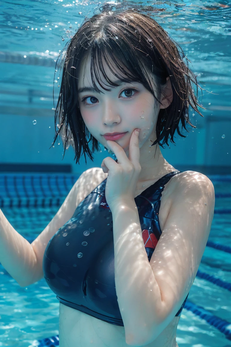 girl, White skin, ((Dark brown short tiered hair)), V cut with layers and bangs, Brown eyes, Soft atmosphere characteristics (Highest quality, Ultra-high resolution, 8k, RAW Photos, Ultra-high resolution: 1.2, masterpiece: 1.3), (Realistic, Realistic: 1.37), Very detailed, Professional Lighting, Photon Mapping, Radio City, 物理ベースレンダring, One Girl, (high school girl), Sharp focus:1.2、Beautiful woman:1.4,cute, Nice, Adorable smile, Normal chest, Cross Necklace、Earrings、ring,(Cleavage)、((Dark brown short hair)),(A cute toothy smile),(((( Blue competitive swimsuit, Pool, Splash, Refreshing atmosphere, Pause: Swimming)))