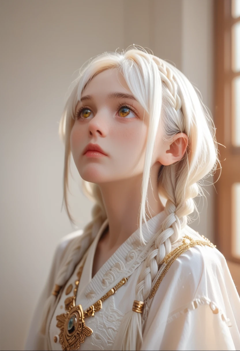 Best quality, masterpiece,White hair, Golden eyes,white clothes, Looking up, upper body,a strand of hair,bright skin,side braids