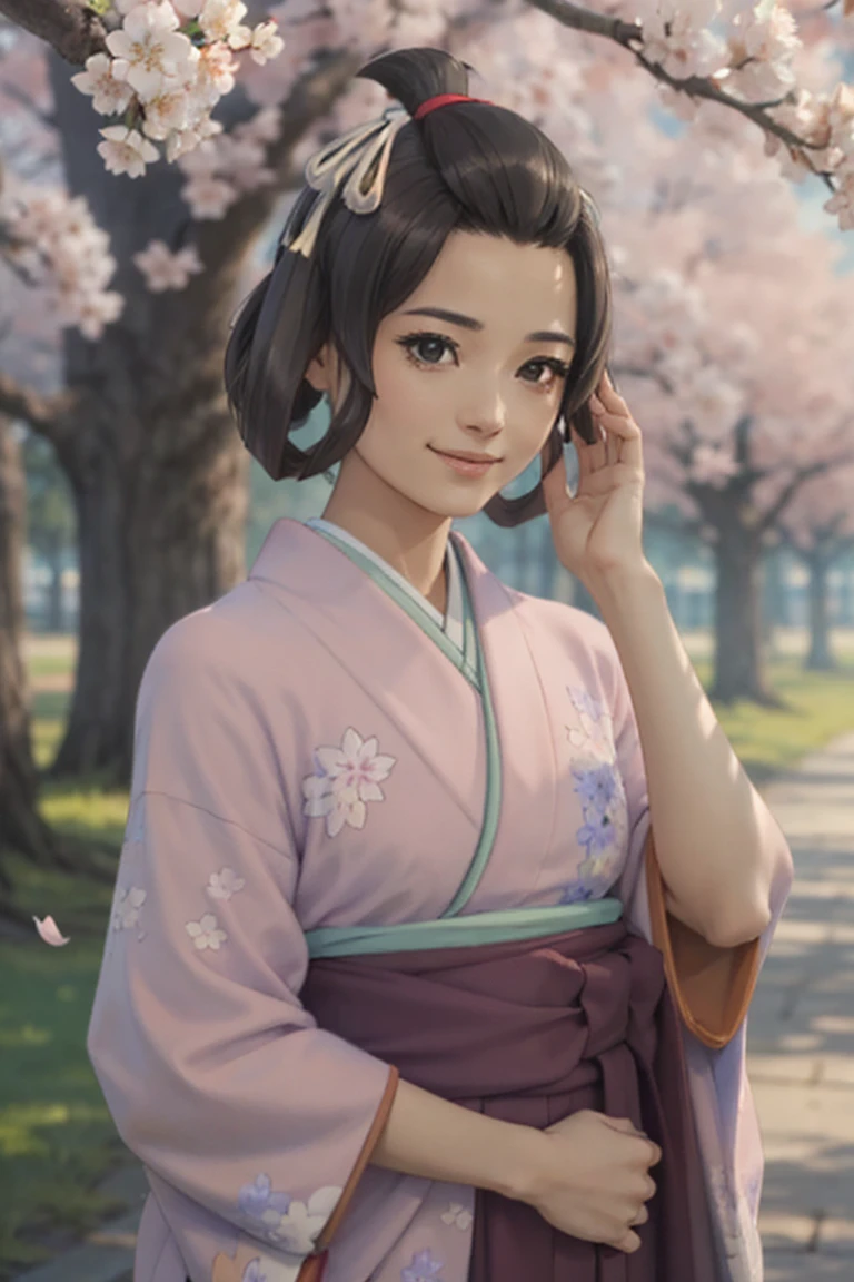 (masterpiece, best quality:1.2), cowboy shot, solo, 1girl, susato mikotoba, smile, hand in own hair, floral print, japanese clothes, pink kimono, cherry blossom trees
