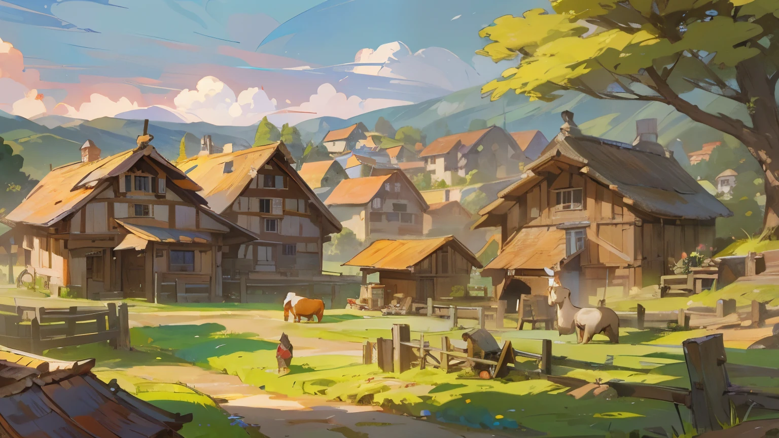 a village in a(european medieval village)，There are chalets，There are farmers farming，There are cows，There are sheep，There is farmland。Medium shot composition，Panorama pictures，Scene screen，game concept art style，Anime illustration style，HD，4K。