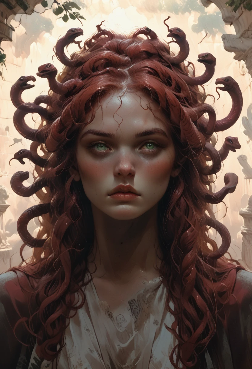 Artwork of medusa, greek mythical creature, hair are snacks