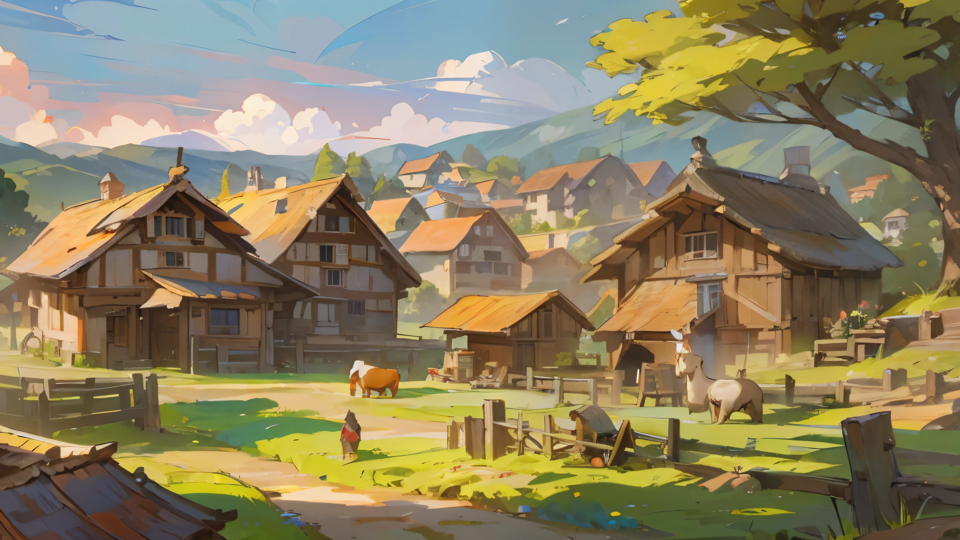 a village in a(european medieval village)，There are chalets，There are farmers farming，There are cows，There are sheep，There is farmland。Medium shot composition，Panorama pictures，Scene screen，game concept art style，Anime illustration style，HD，4K。