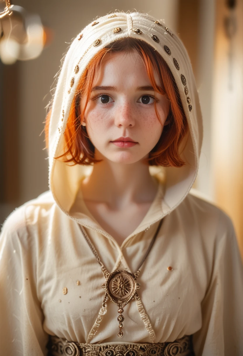 (realistic oil art, waist-length look, 20-year-old princess, British, black eyes, bright view, redhead, short hair), Écio Audiore tunic, with a hood, black, brown, Red Details, decorations, freckles by 10% from the cheekbone, perfect face, Critical Camera, blurred background, warm light, more details in clothes, strong remnants, Mysterious pose