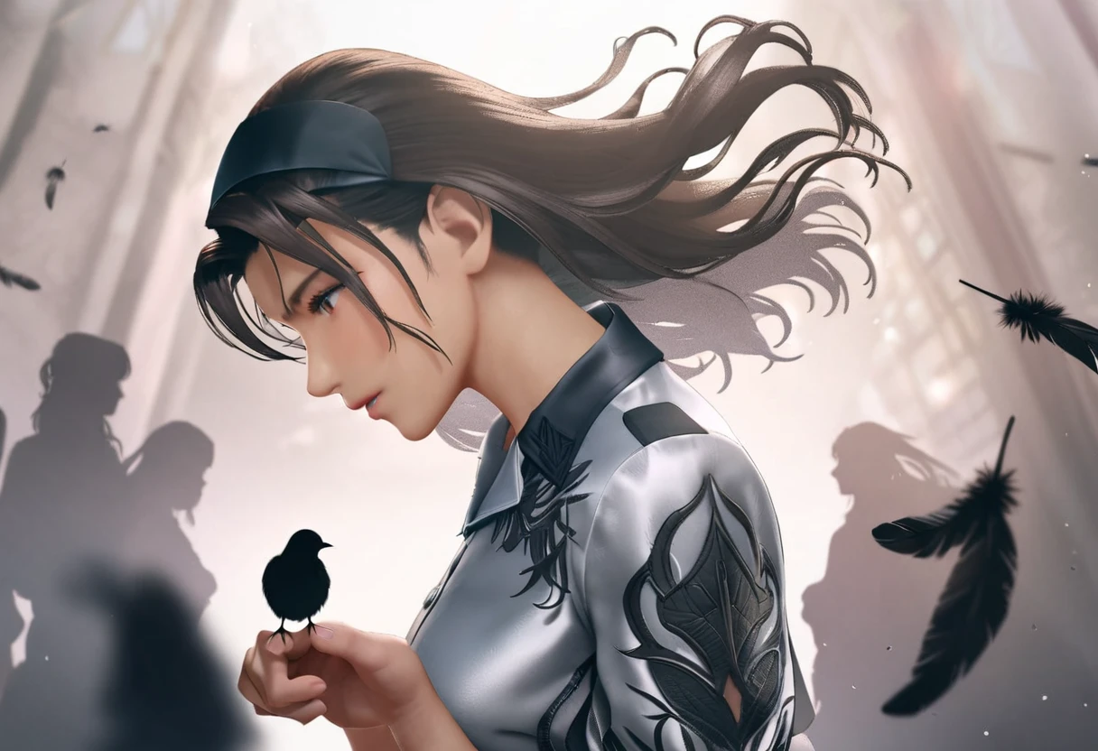 masterpiece, best quality, very aesthetic, absurdres, jun kazama, double exposure, bird on hand, from side, silhouette, floating hair, feathers, sad, long hair,  masterpiece, best quality,