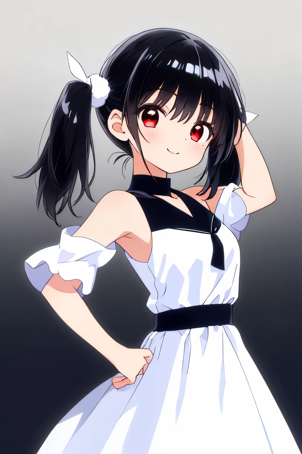 A girl wearing a onely white long summer dress,
(Shiny jet-black hair:1.3),Low twintails tied with a white   rubber,
(White summer dress:1.3),
(Puff out your cheeks:1.2),
Red eyes,(Slanted Eyes:1.1),Wink with right eye closed,
Proud face,A smile on the lips,
Raise your left arm high,
Place your left hand behind your head、Place your right hand on your hip,

(Teen:1.1),
 (medium breasts:1.1),


Dark simple gradient background,Spotlight from above,

angle from below,
whole body,

Highest quality,Very detailed,Sharp focus,masterpiece, Vibrant colors,Natural Expression,

