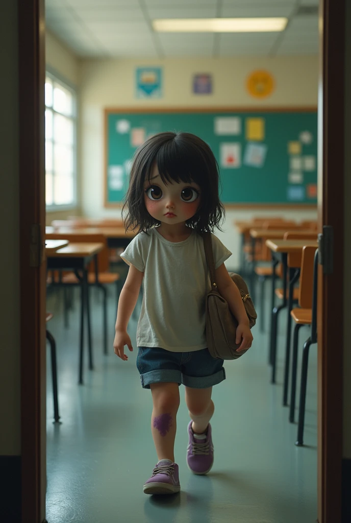 A girl is barefoot in the school on the drama class