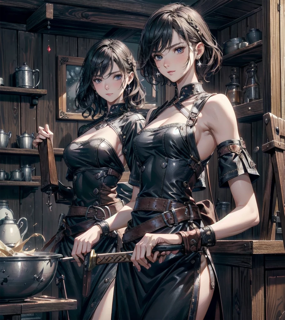 2girls, couple, mutual hug, (masterpiece, best_quality, ultra-detailed, immaculate:1.3), epic, illustration, elf warmage lord , (armor:1.3), pauldrons, brown hair with gray highlights, Topsy Tail Ponytail, baby carry, on a Norwegian pirate ship, in a factory, bombshell hair, glowing black hair, short hair, crossed legs<lora:Paint_Style-08:1>