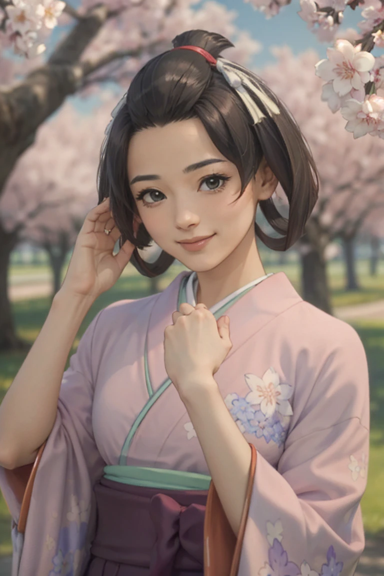 (masterpiece, best quality:1.2), cowboy shot, solo, 1girl, susato mikotoba, smile, hand in own hair, floral print, japanese clothes, pink kimono, cherry blossom trees
