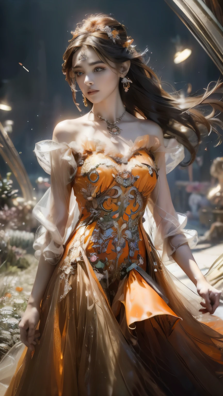 8k, Ultra HD, masterpiece, 1 girl, (nice face:1.4), detailed eyes, very long hair, impressive hairstyle, earring, necklace, , (orange dress:1.5), see through, (fantasy dress:1.5) A foundation with bright colors that makes your skin appear transparent., (In Wonderland:1.5), Mystery, Diwali lights, shining lights, Very decorative, The light falls like water, Perfect front body,