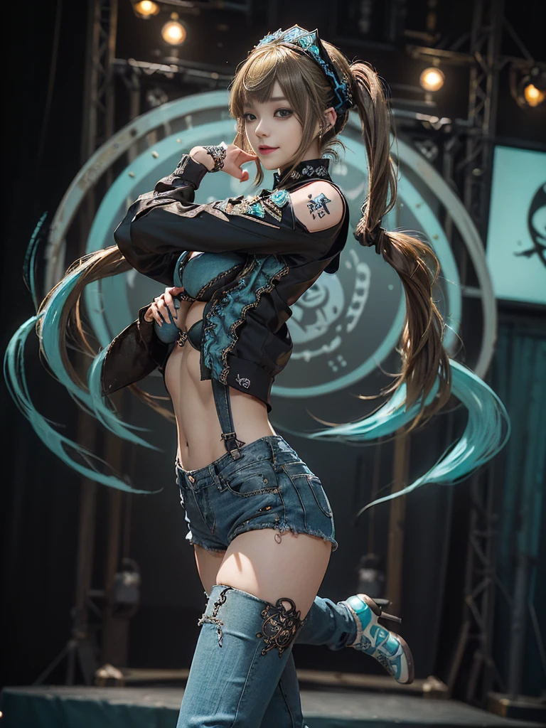 (Full Body View:1.3)、(Side view:1.1)、(Smiling with teeth showing:1.3),(Shibuya Gal:1.5)、(Race queen fashion:1.5)、(Punk RockVisual Kei:1.2)、(Wearing a rhythmic gymnastics bodysuit with intricate details:1.4)、(Cloak de cour with delicate decorations in white, denim and turquoise:1.5)、(Denim with turquoise and white boots:1.3)、((belt))、(Numerous delicate logo marks all over the costume:1.4)、(Denim collar:1.3)、(Striped underwear:1.5)、30 years old、NSFW、((Highest quality、In 8K、masterpiece:1.3))、Sharp focus:1.2、(Layered Cut、Beautiful boobs:1.1),Beautiful woman with perfect figure:1.4、(Posing for a sexy photo shoot:1.3)、Slender Abs:1.2、Highly detailed face and skin texture、Detailed eyes、double eyelid,(Twin tails:1.3)、(Brown-golden hair:1.3)、Gravure idol、(The background is the stage of the fashion show:1.3)、(Slim Body:1.3),(Make your legs thinner:1.4),(clavicle:1.1)、(Thin thighs:1.2)