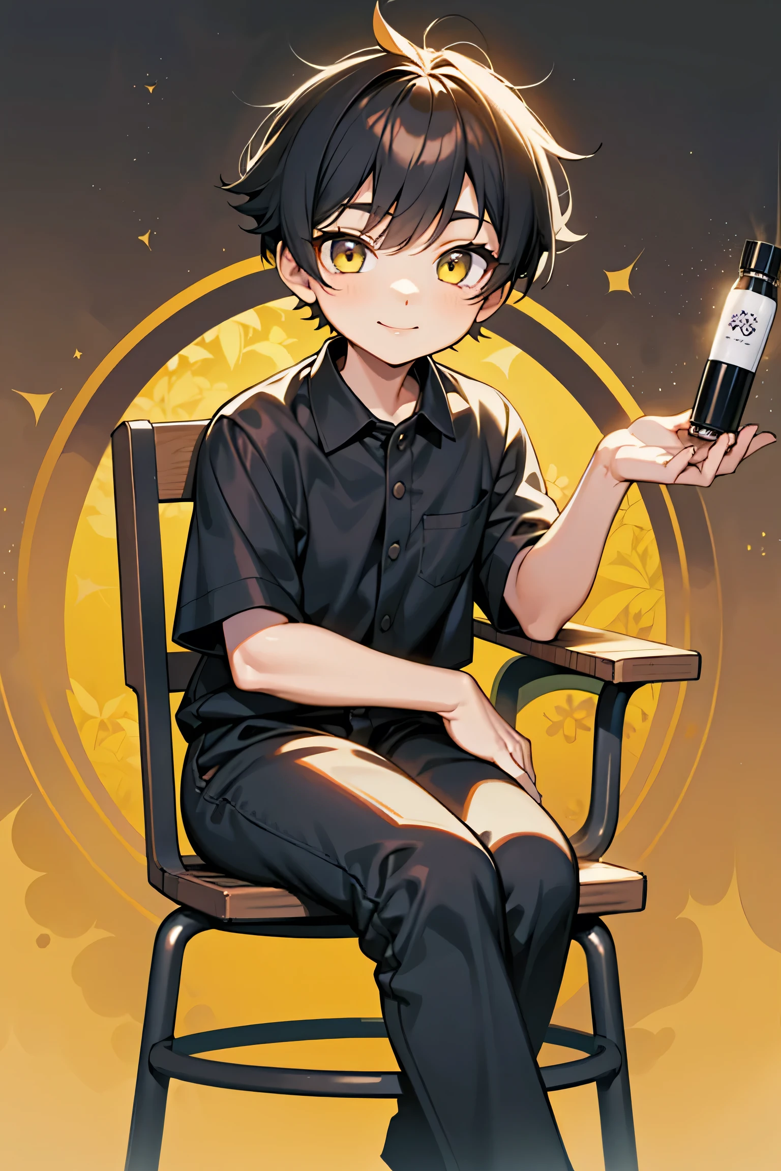  Solo images、、juvenile、Tree Eyes、Yellow Eyes、yellow race、Black short hair、Work clothes、Has a perfume bottle、Serious expression、smile、Researching medicines while sitting on a chair、Front view、Laboratory Background