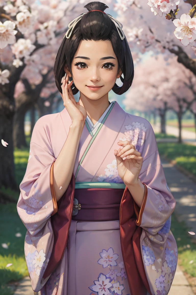 (masterpiece, best quality:1.2), cowboy shot, solo, 1girl, susato mikotoba, smile, hand in own hair, floral print, japanese clothes, pink kimono, cherry blossom trees
