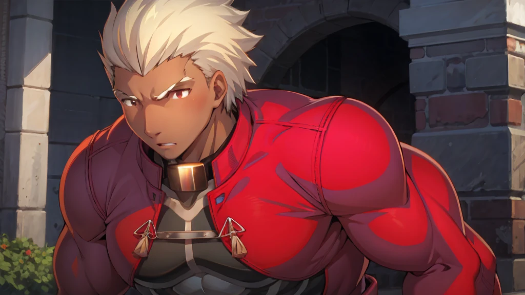 ((Red jacket)),Huge muscles,Huge erect penis,Emiya_Shiro,dark skin,Being raped,Glowing Skin,Glowing Skin,Zoom out,