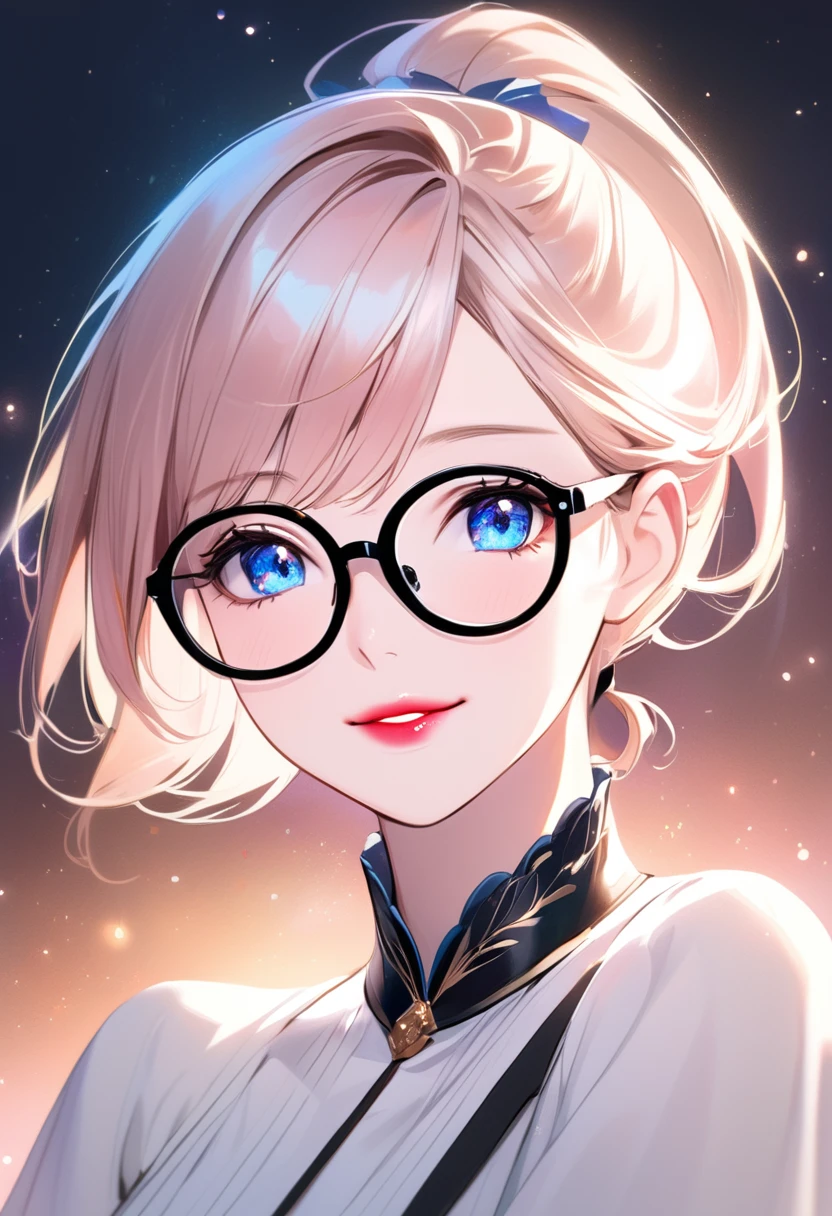 portrait of face only, best quality, super fine, 16k, 2.5D, delicate and dynamic depiction, beautiful woman with glasses, short Ponytail, blue eyes, enchanting smile, crimson lips,fairbeauty