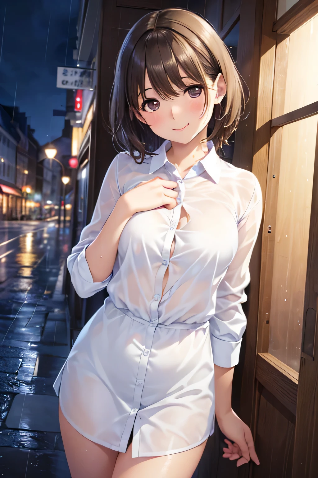 anegasaki nene、Shiny brown hair, short hair, (Beautiful brown eyes、Sparkling eyes, Fine grain)、smile、Super detailedな目、Very detailedな顔, Very detailedな目,
(masterpiece:1.3, Highest quality, Ultra-high resolution, Super detailed),
(8k, Highest quality, masterpiece: 1.2), (Realistic, photoRealistic: 1.37), Very detailed,
1 girl, 17 years old, alone, small breasts, Beautifully detailed skies, Detailed Cafe, night, (blush), (smile: 1.15), (Mouth closed), small, (Collared shirt: 1.1), night, Wet, Office Clothes, rain, White lace, (short hair: 1.2), Floating Hair NovaFrogStyle, Random sexy poses,