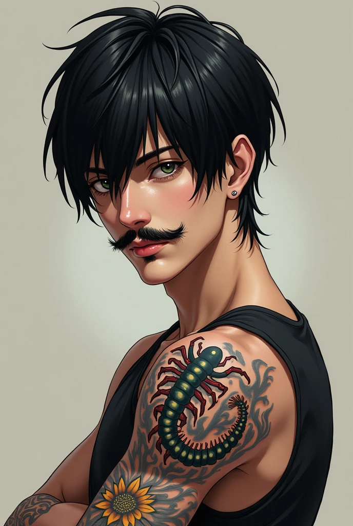 
Anime boy, snake tattoo on the right side of the waist, It takes you from the belly to the coccyx, star tattoo near shoulder on chest on both sides, wearing no shirt,  black pants, pink fixed bike behind him, black hair parted in the middle, dark shaped eyes 