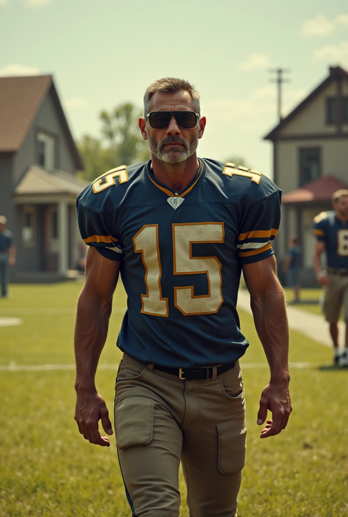 man from samoa, 60 years old, very muscular body, long gray hair, football coach, thin moustache, at a football field, many tribal tattoos, wearing orange polo shirt and orange pants