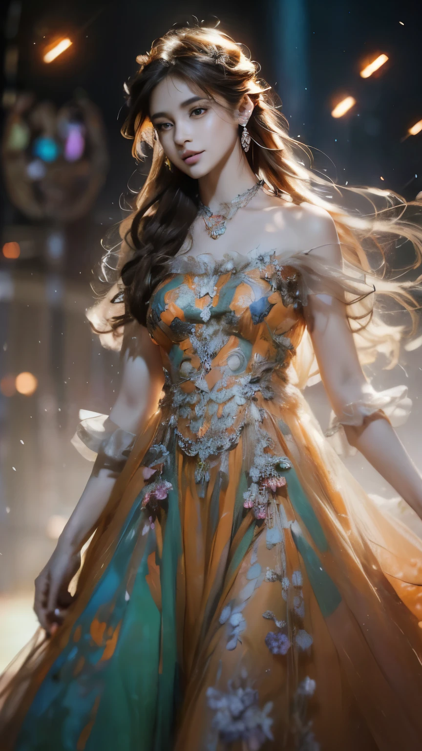 8k, Ultra HD, masterpiece, 1 girl, (nice face:1.4), detailed eyes, very long hair, impressive hairstyle, earring, necklace, , (orange dress:1.5), see through, (fantasy dress:1.5) A foundation with bright colors that makes your skin appear transparent., (In Wonderland:1.5), Mystery, Diwali lights, shining lights, Very decorative, The light falls like water, Perfect front body,