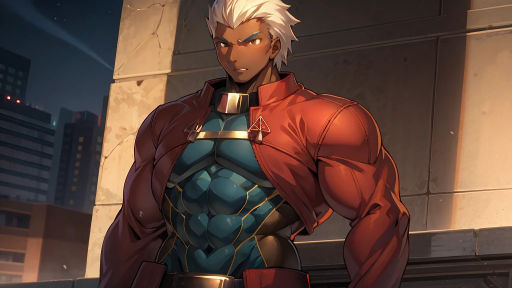 ((Red jacket)),Huge muscles,Huge erect penis,Emiya_Shiro,dark skin,Being raped,Glowing Skin,Glowing Skin,Zoom out,