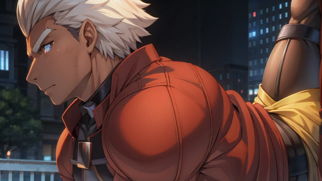 ((Red jacket)),Huge muscles,Huge erect penis,Emiya_Shiro,dark skin,Being raped,Glowing Skin,Glowing Skin,Zoom out,