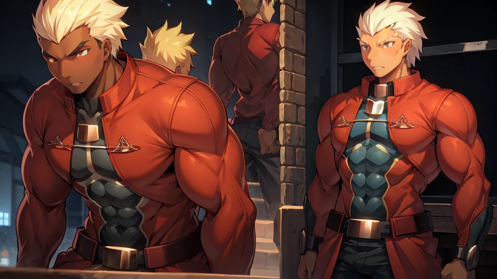 ((Red jacket)),Huge muscles,Huge erect penis,Emiya_Shiro,dark skin,Being raped,Glowing Skin,Glowing Skin,Zoom out,