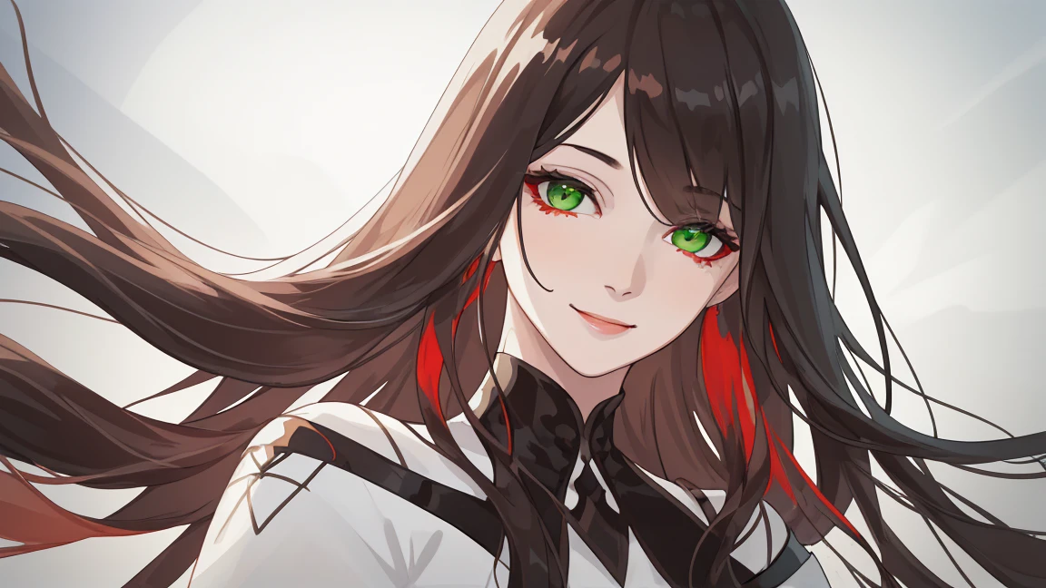 beautiful young woman, White dress with black pattern, , Long, neat hair,red hair,Bandage on left eye,green eyes, half body,Calm face, Smiling softly, Ultra HD, realistic, Bright colors, Highly detailed, UHD Drawing, perfect composition, Complex and beautifully detailed