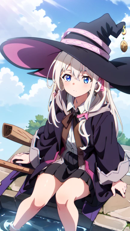 Multiple Girls, Elena is sitting on a broom。, floating, (航null写真:1.3), (Fly at high speed:1.3), Above the Clouds, null, Obstacle course, Absurd, High resolution, beautiful, Highest quality, Long Hair, blue eyes, Gray Hair, Witch Hat, Hair Ribbon, Braiding, Black Robe, Black Skirt, Shining Eyes