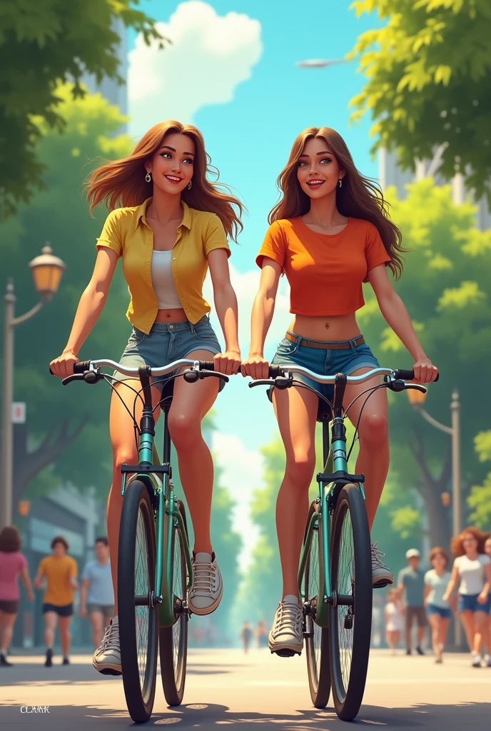 A cute woman(bike shorts, white sweat soaked sheer shirt, sweaty) is riding a bicycle through downtown. people sop and stare. cars pull over
