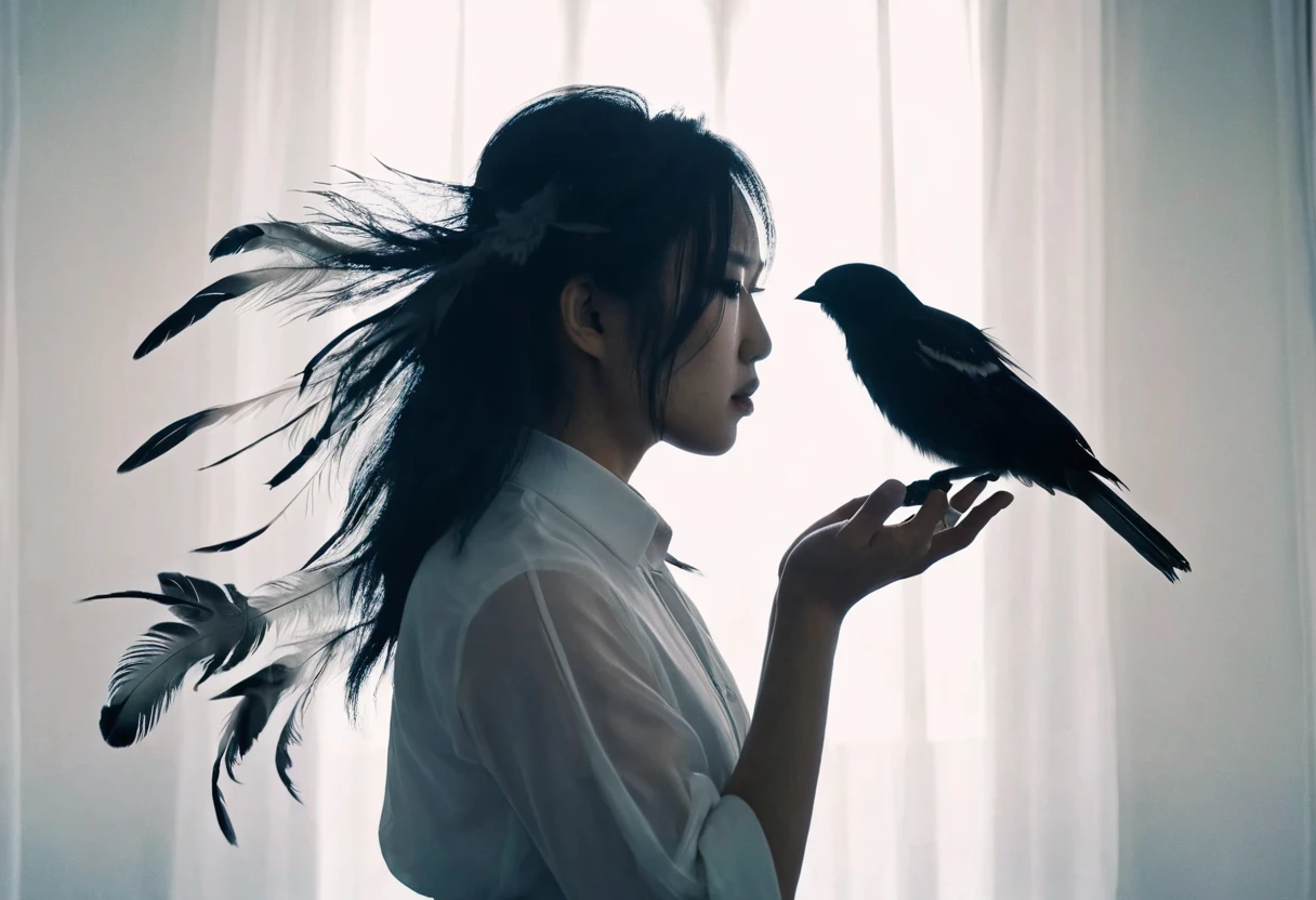 masterpiece, best quality, very aesthetic, absurdres, jun kazama, double exposure, bird on hand, from side, silhouette, floating hair, feathers, sad, long hair,  masterpiece, best quality,