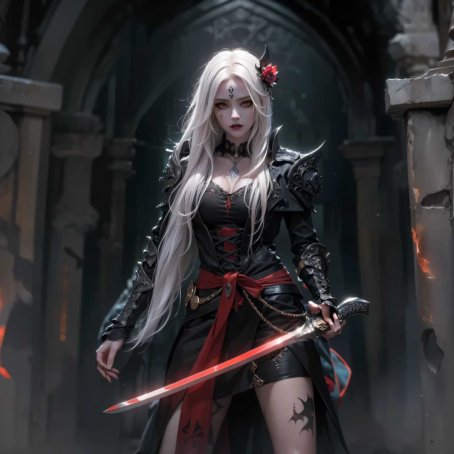 **Prompt:** Create an ultra-realistic depiction of a Western version of Enma Daio, the ruler of the Underworld. 

**Overall Appearance:** The Western Enma Daio stands tall and imposing, exuding an aura of authority and fear. Her presence is both regal and terrifying, reflecting her dominion over the underworld.

**Head:** Her face is fierce and stern, with sharp, penetrating eyes that seem to see through one's soul. Her skin is a ghostly pale, symbolizing her connection to the afterlife. She wears a crown adorned with dark gemstones and intricate designs, giving her a regal yet menacing appearance.

**Hair:** Her long, silver hair flows around her in wild, ethereal waves, adding to her intense and formidable presence.

**Attire:** She is dressed in elaborate, dark battle armor, richly decorated with patterns of skulls, bones, and mystical symbols. The armor is predominantly black and silver, highlighting her connection to death and the underworld. Her attire includes an ornate belt and heavy, dark jewelry that signify her status.

**Weapons:** In one hand, she wields a massive, shadowy scythe, the blade glowing with an eerie, otherworldly light. In the other hand, she holds a large, fearsome judge's staff, ready to strike down her enemies.

**Pose and Action:** She is depicted in a dynamic pose, mid-battle, with her scythe raised high and her staff poised to deliver a crushing blow. Her expression is fierce and determined, embodying the spirit of a warrior queen.

**Background:** The scene is set in a hellish landscape, with flames and smoke filling the air. The ground is littered with the defeated, and her enemies cower in fear before her. The sky is dark and ominous, with lightning flashing in the distance, adding to the dramatic and intense atmosphere.

**Special Features:**
- **Shadowy Scythe:** The scythe is ablaze with dark, eerie colors, symbolizing her power and wrath.
- **Dark Aura:** She is surrounded by a dark, oppressive aura, emphasizing her connection 