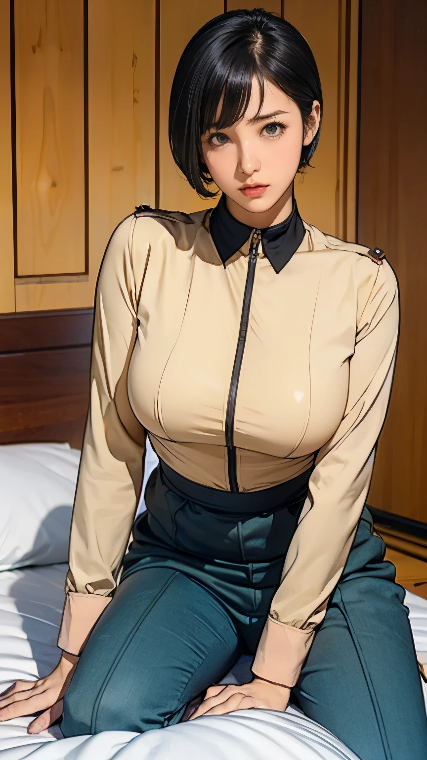 extra detailed face，Top image quality、policewoman、in a house、A dark-haired、Outstanding style、Sexy thighs，exposing the abdomen ,((Clothes with less fabric))，photographrealistic、long、Red and excited cheeks、((The eyes are confused and seductive))、short-hair、Yurina Hiraide、police、policeman's cap