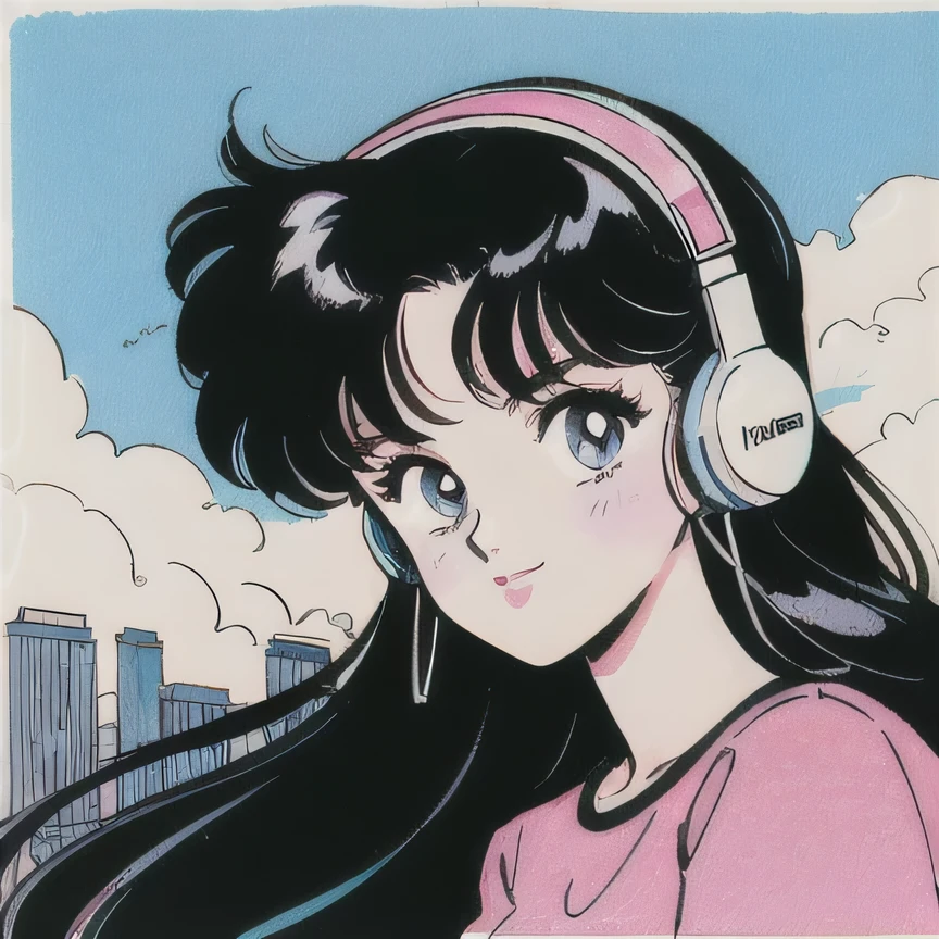 Observe every detail perfectly,(80's, retro, City Pop:1), (Album cover), (masterpiece, Highest quality), (アニメ, figure), Best Photo Poses, Dynamic Angle,girl, alone, A perfect eye for detail, Delicate face, Tokyo, High Fashion, DJHeadphones,Blue sky and clouds,Smiling girl,sit,vivid background,looking straight ahead,clear lines