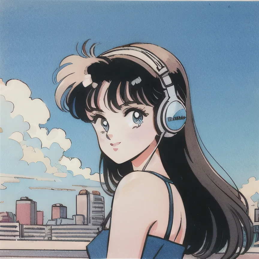 Observe every detail perfectly,(80's, retro, City Pop:1), (Album cover), (masterpiece, Highest quality), (アニメ, figure), Best Photo Poses, Dynamic Angle,girl, alone, A perfect eye for detail, Delicate face, Tokyo, High Fashion, DJHeadphones,Blue sky and clouds,Smiling girl,sit,vivid background,looking straight ahead,clear lines