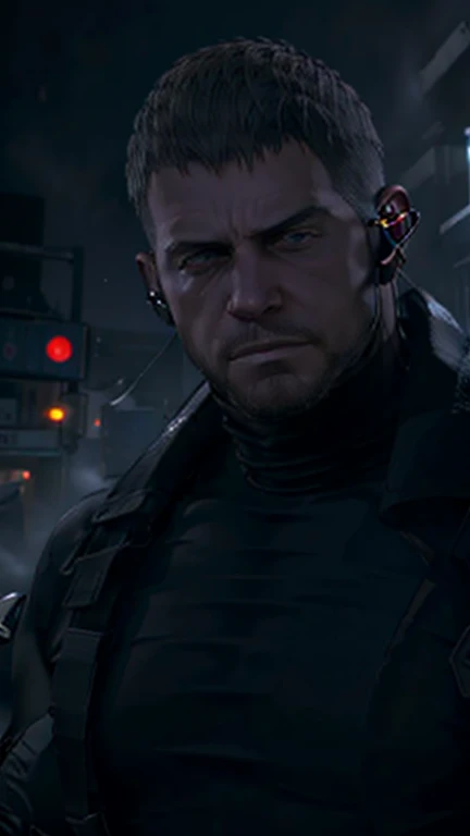 Dark gothic village in the background, old Chris Redfield from Resident Evil 8, 48, muscular male, tall and hunk, black cold turtleneck, straps, earpiece, beard, rugged face, deadpan, video games style, high resolution:1.2, best quality, masterpiece, dark nightime, dark atmosphere, volumetric lighting, shadow, straight portrait, face close up, looking at viewer