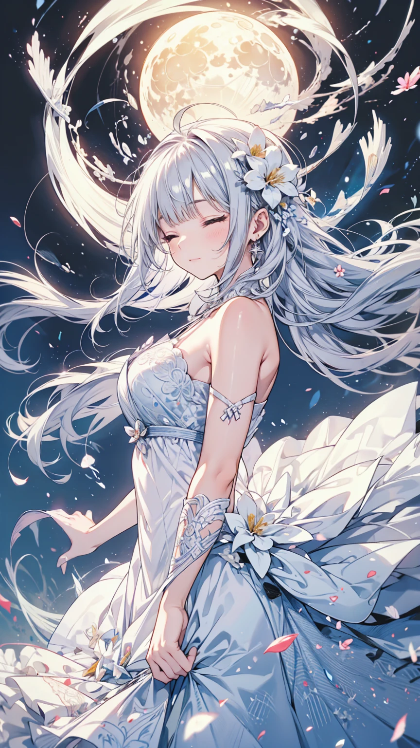 A girl floating in the air, sparkling silver hair, long hair, white dress, eyes closed, a big moon behind her, a flower field, a strong wind